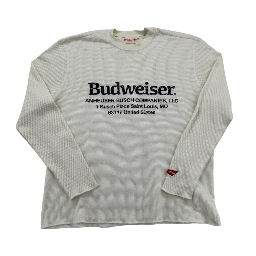 PacSun Budweiser Thermal Shirt Mens Large White Waffle Knit Graphic Long Sleeve